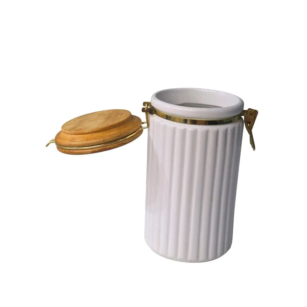 White Jar Ceramic Kitchen Canister with Wood Lid and Scoop Gold Clasp